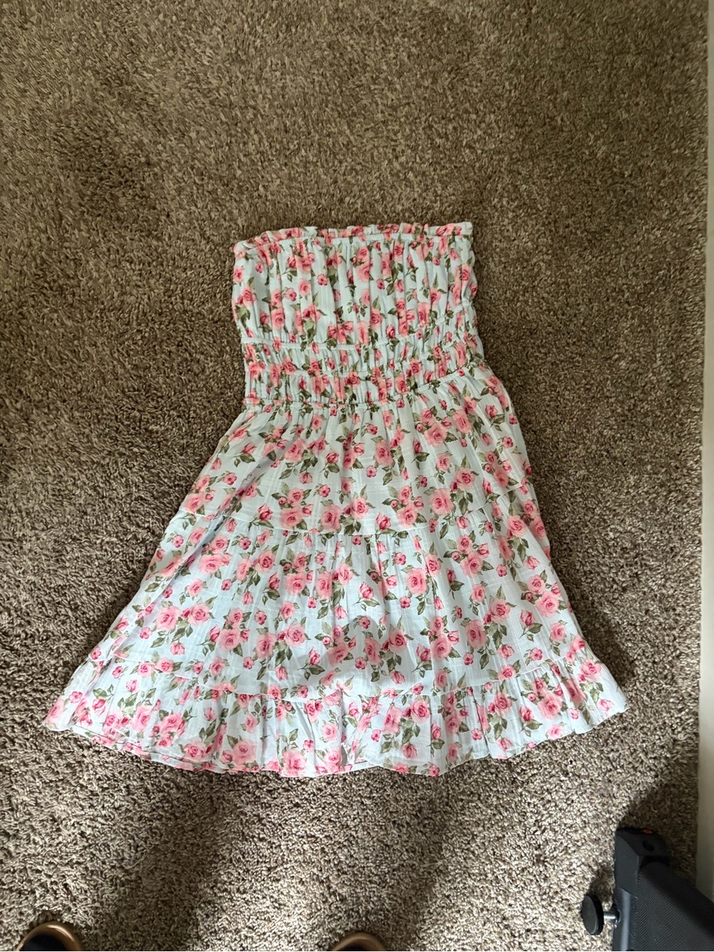 White floral tube top dress with Pink Rose Print and Smocked Waist